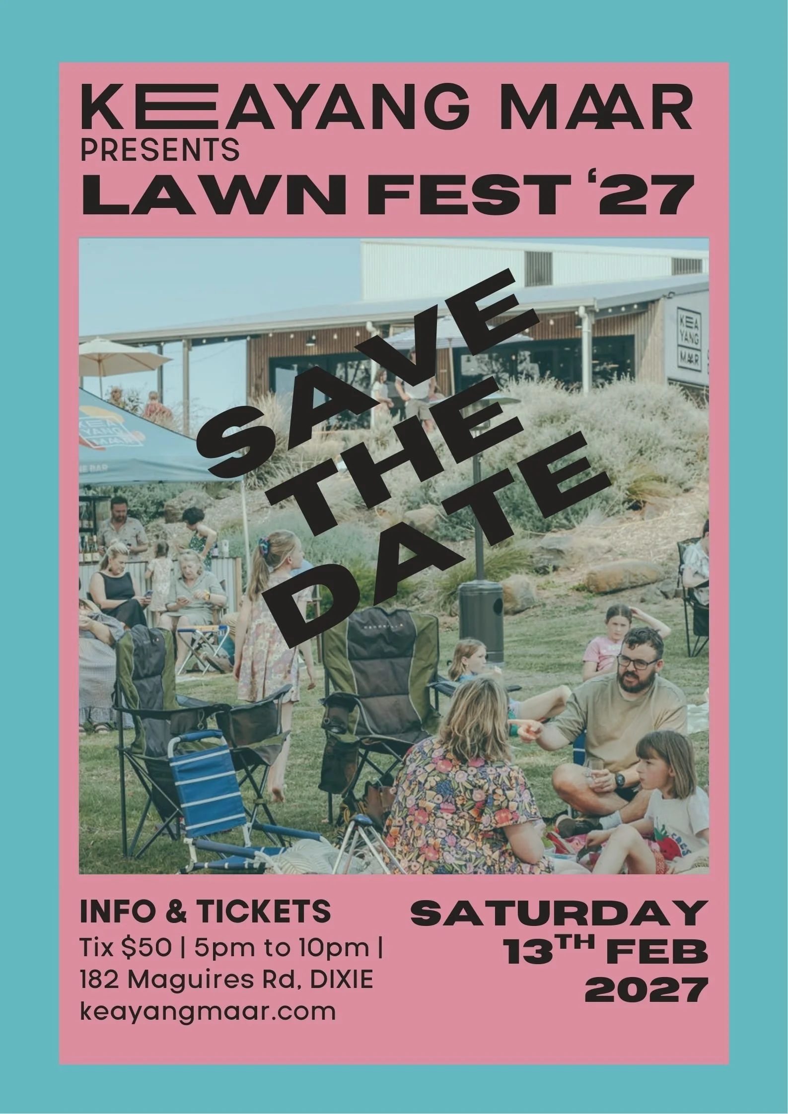 Event poster for Keayang Mār's Lawn Fest '27 featuring a backyard gathering with people socializing outdoors, a building in the background, and details about the event on a pink and teal background.