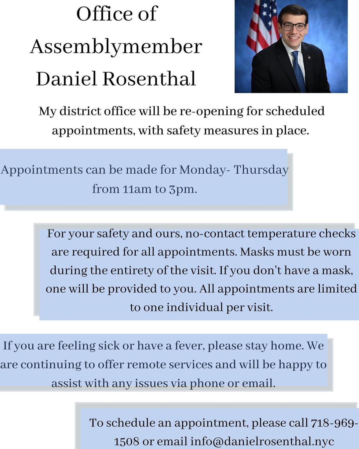 I&rsquo;m excited to announce that my office is re-opening for scheduled appointments. We will schedule appointments on a limited basis and continue to offer remote constituent services. Please see the flyer below for more details.