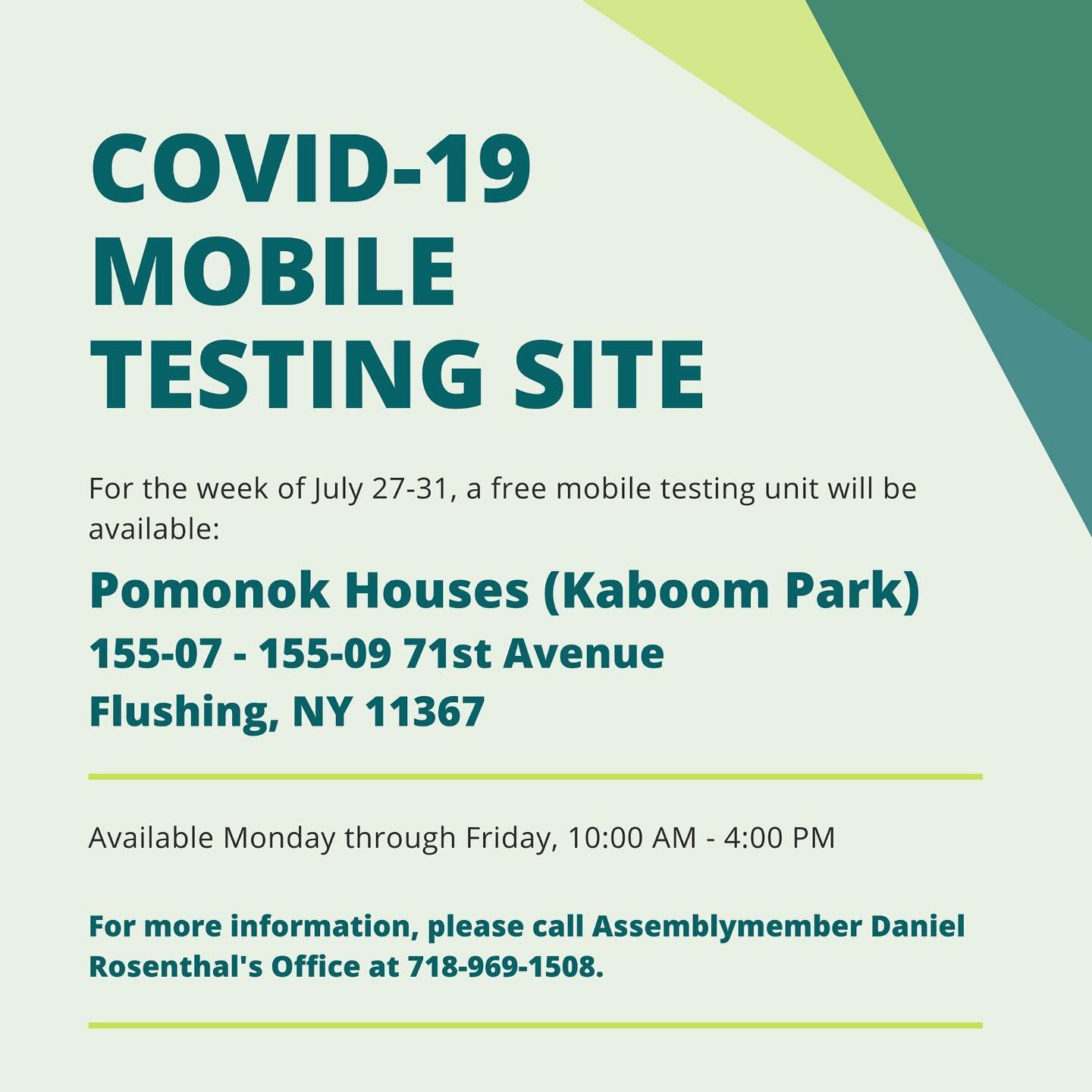 If you&rsquo;re in need of a COVID-19 Diagnostic Test, there is a free mobile testing unit located near Kaboom Park in Pomonok. No appointment required and they are available Monday - Friday of this week. 

#pomonok #AD27 #danielrosenthal #mobiletest