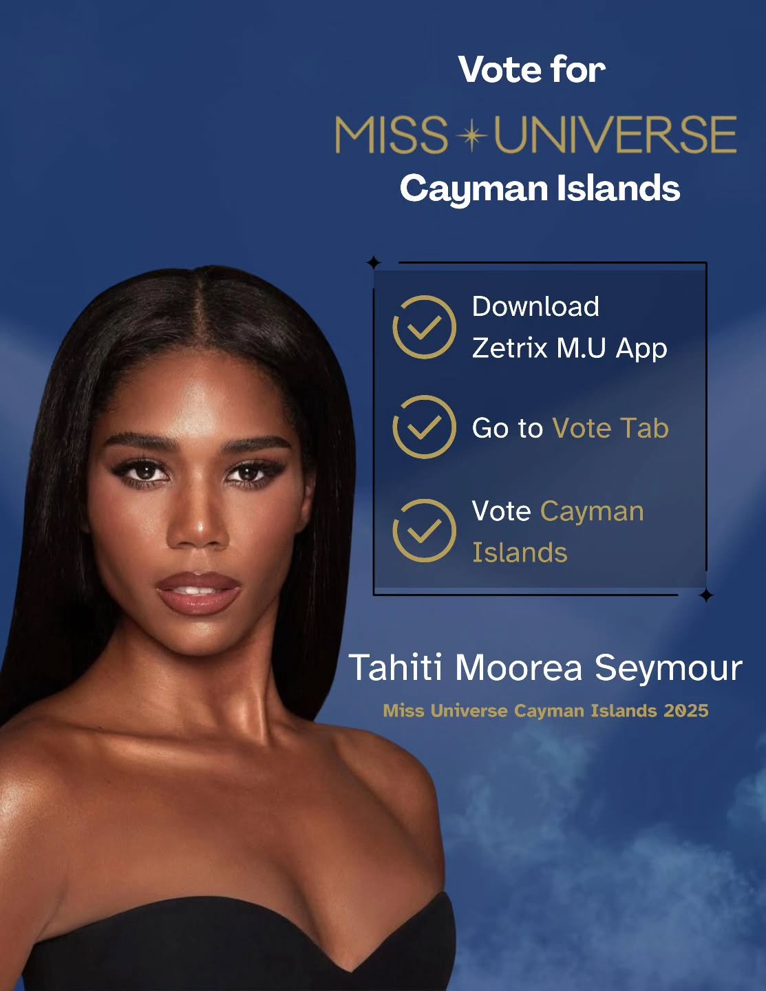 ✨ The countdown to @missuniverse has begun, and our Queen @tahitiseymour is ready! ✨

Voting starts soon &mdash; download the Zetrix app in preparation for the big kickoff.

Our very own Tahiti Moorea Seymour will proudly represent the Cayman Islands