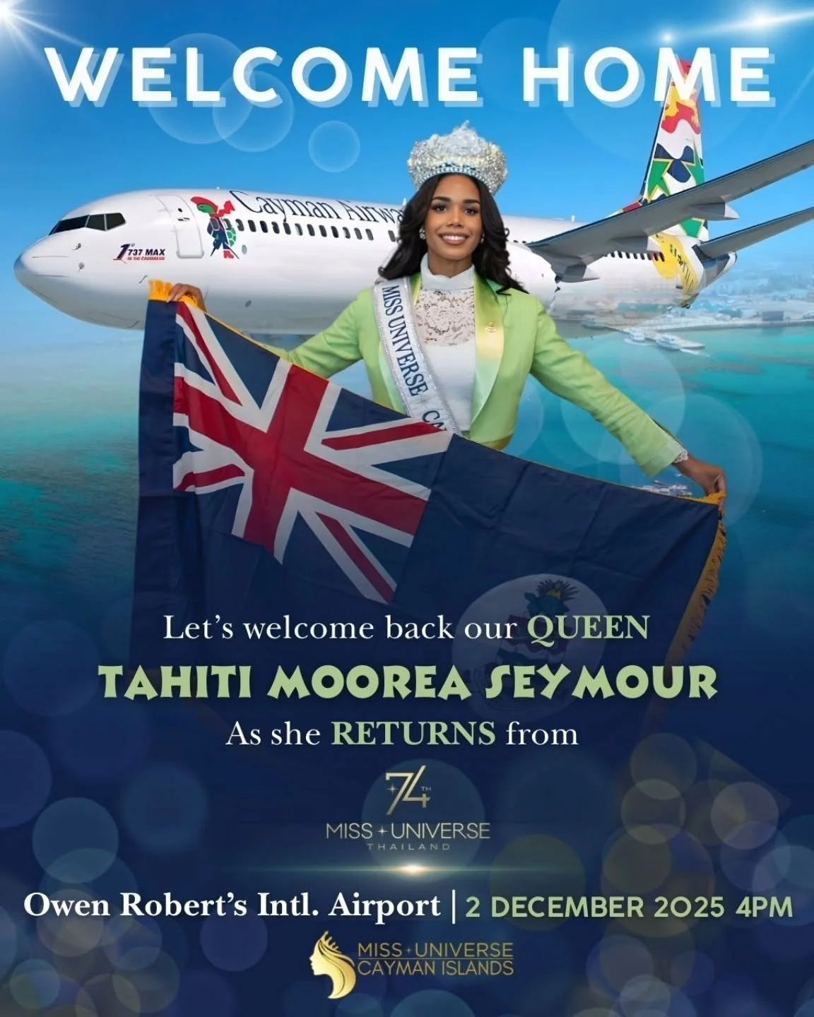 Help us welcome our beautiful @tahitiseymour home.  Join us on 2 December, 4pm at the Owen Roberts International Airport for a Caymankind welcome 🤍

Standing strong, resilient, and graceful throughout the pageant experience. 🙏🏼 

We are so proud o