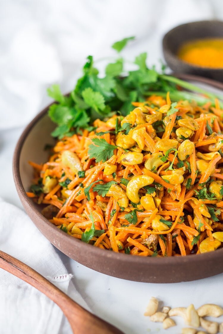 Bombay carrot salad with cashews and raisins