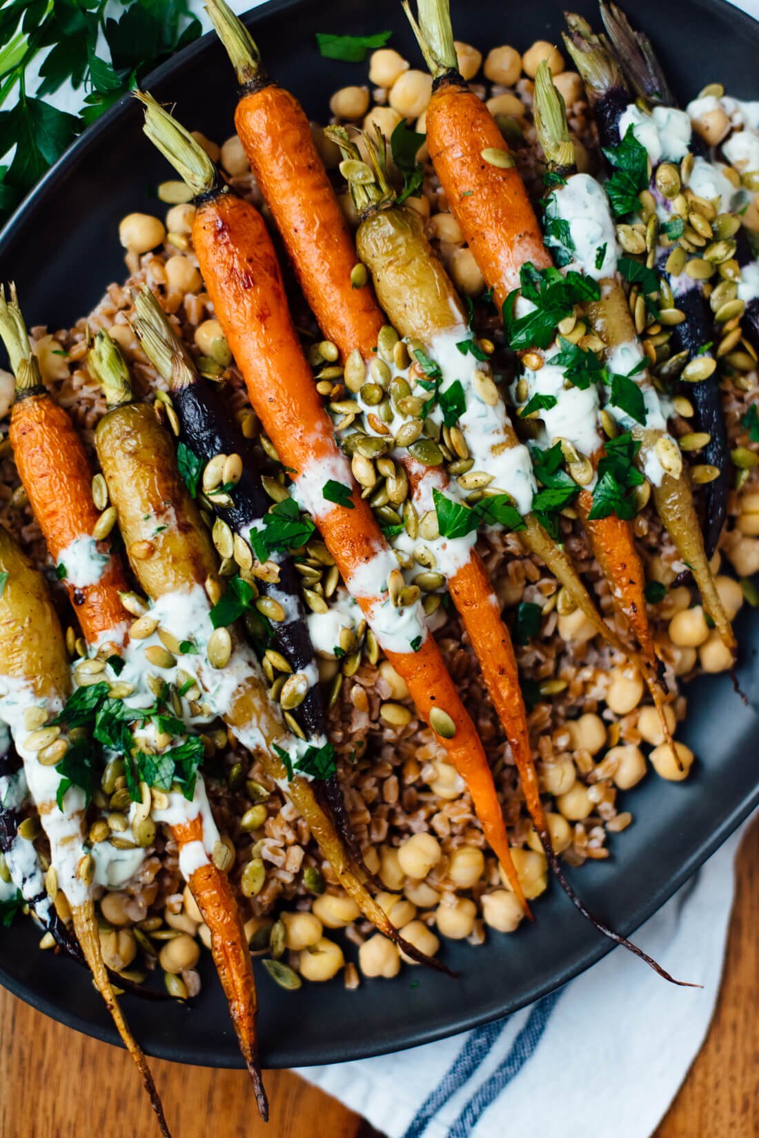 Roasted Carrots with Farro, Chickpeas &amp; Herbed Crème Fraîche