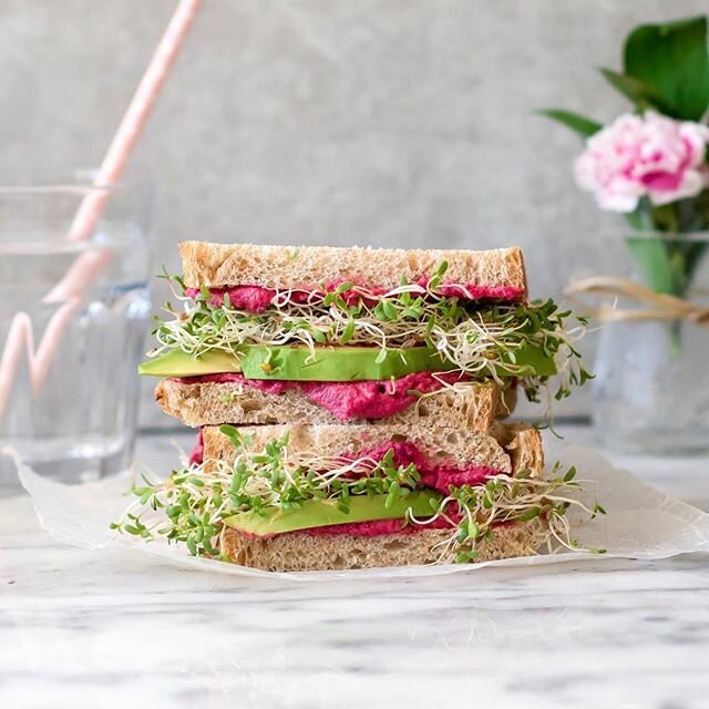Beet Hummus Avocado and Sprout Sandwich