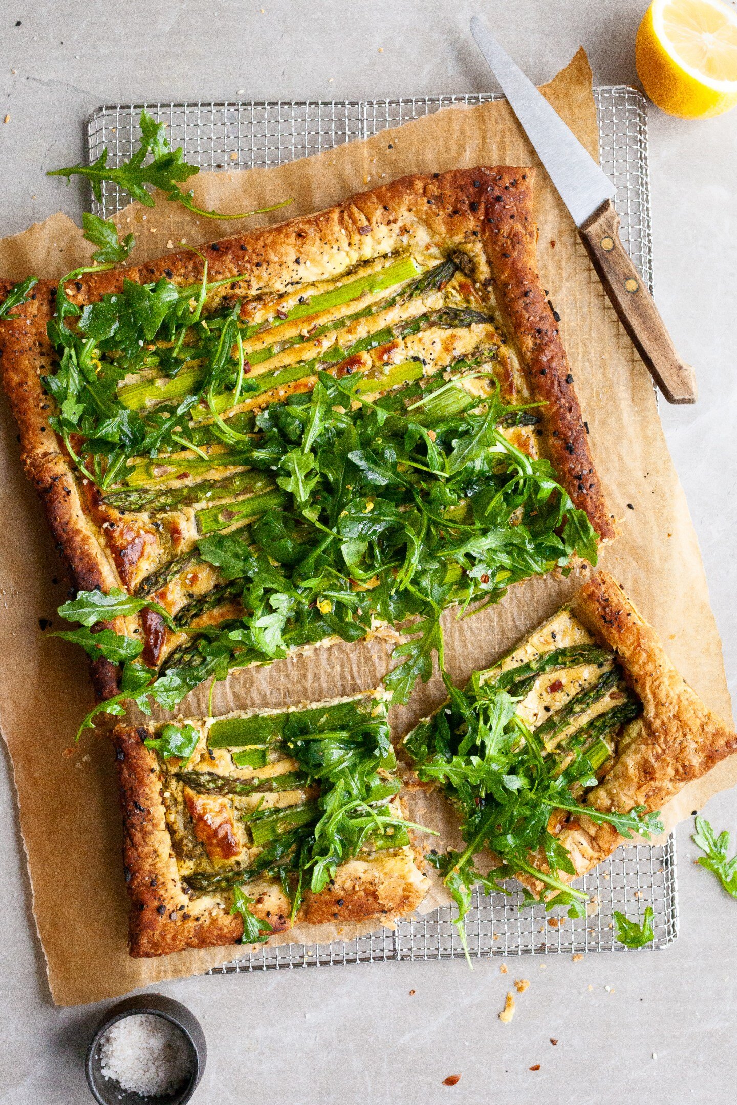 Asparagus and Cashew Cheese Tart With Lemon and Arugula 