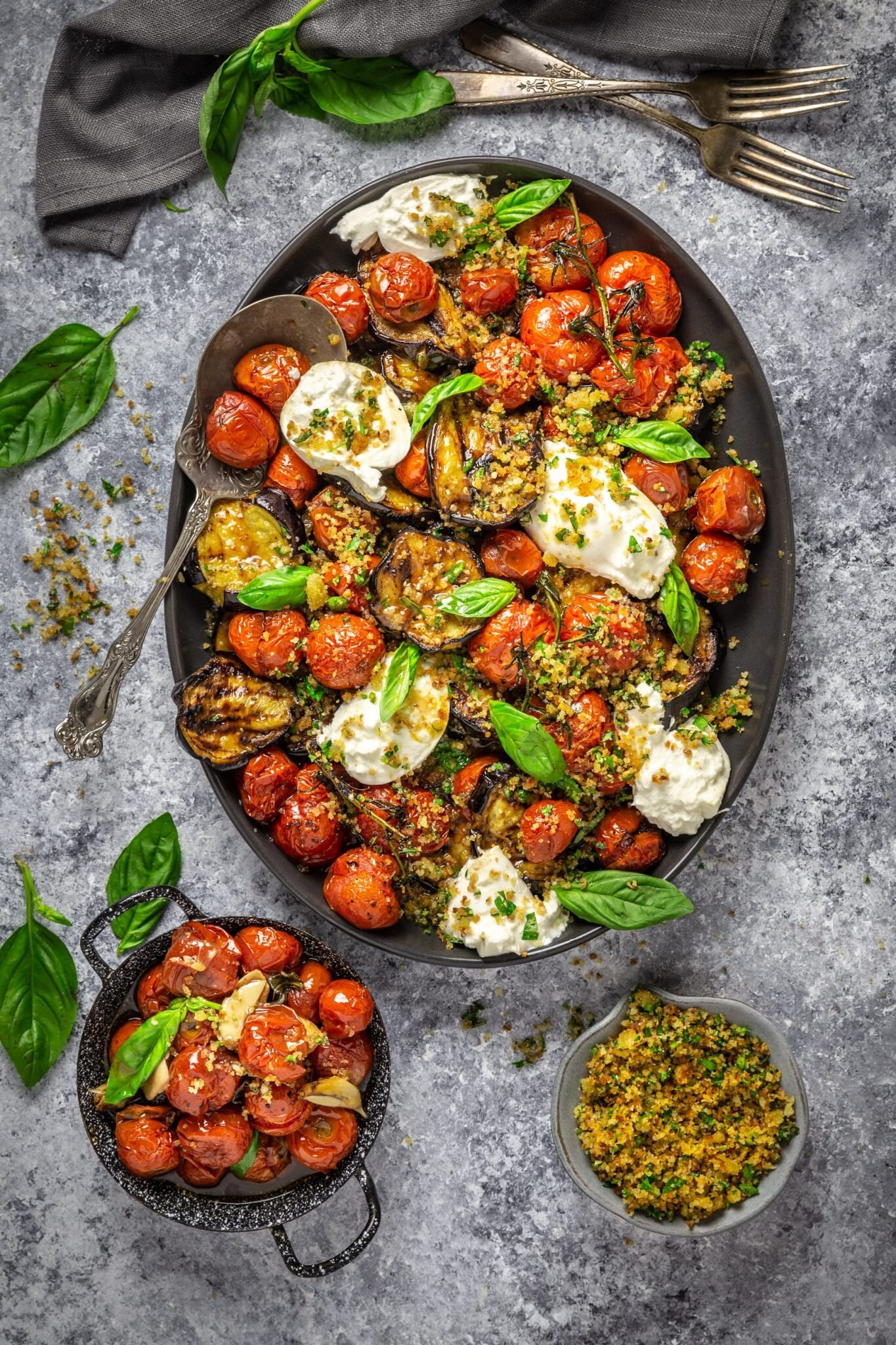 Grilled Eggplant Parmesan with Roasted Tomatoes, Burrata and Garlic Herb Breadcrumbs