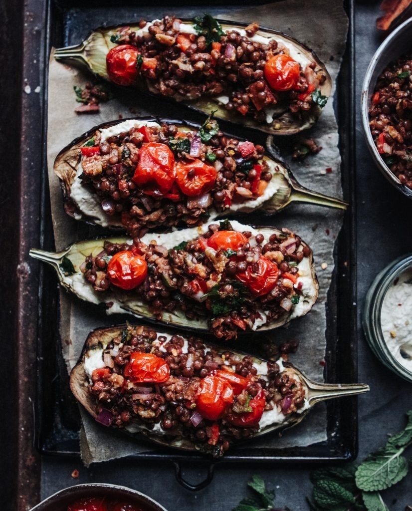 Baked Aubergine with Lentil Salad, creamy Hummus &amp; Roast Tomatoes