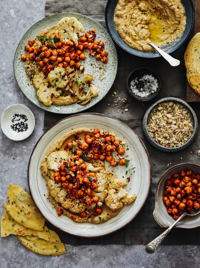 Roast Cauliflower, Baba Ganoush, Spiced Harissa Chickpeas &amp; Dukka 