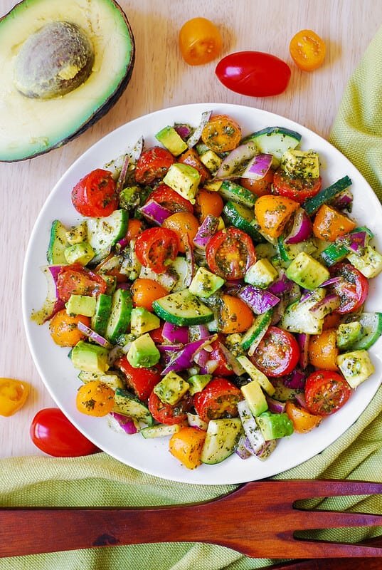 Tomato Cucumber Avocado Salad with Basil Pesto