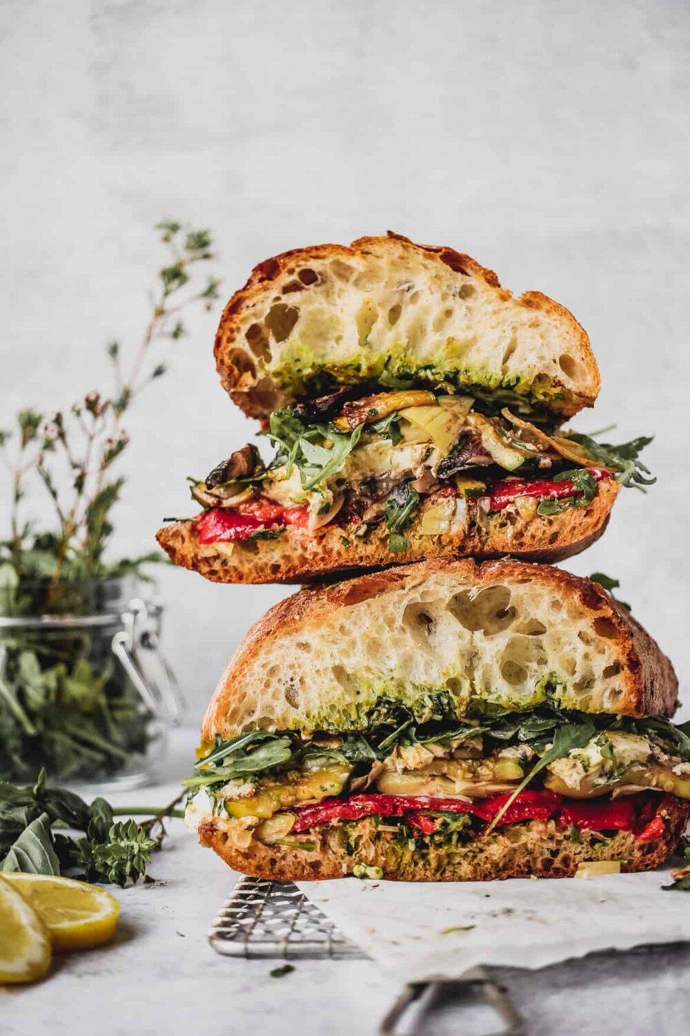 Roasted Vegetable &amp; Burrata Antipasto Sandwich with Tarragon Lemon Basil Pesto