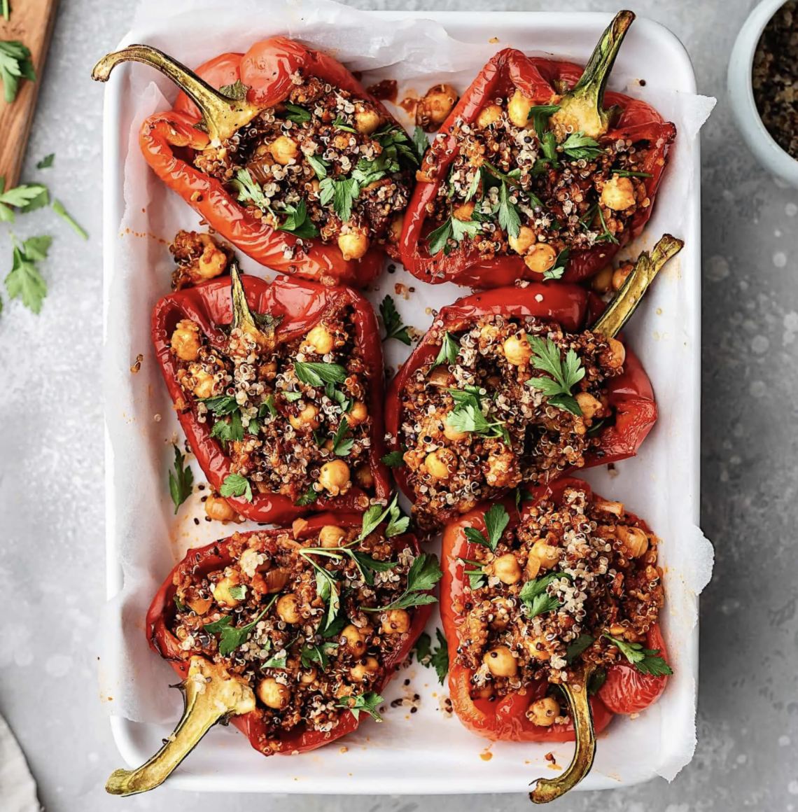 Chickpea and Quinoa Harissa Stuffed Peppers