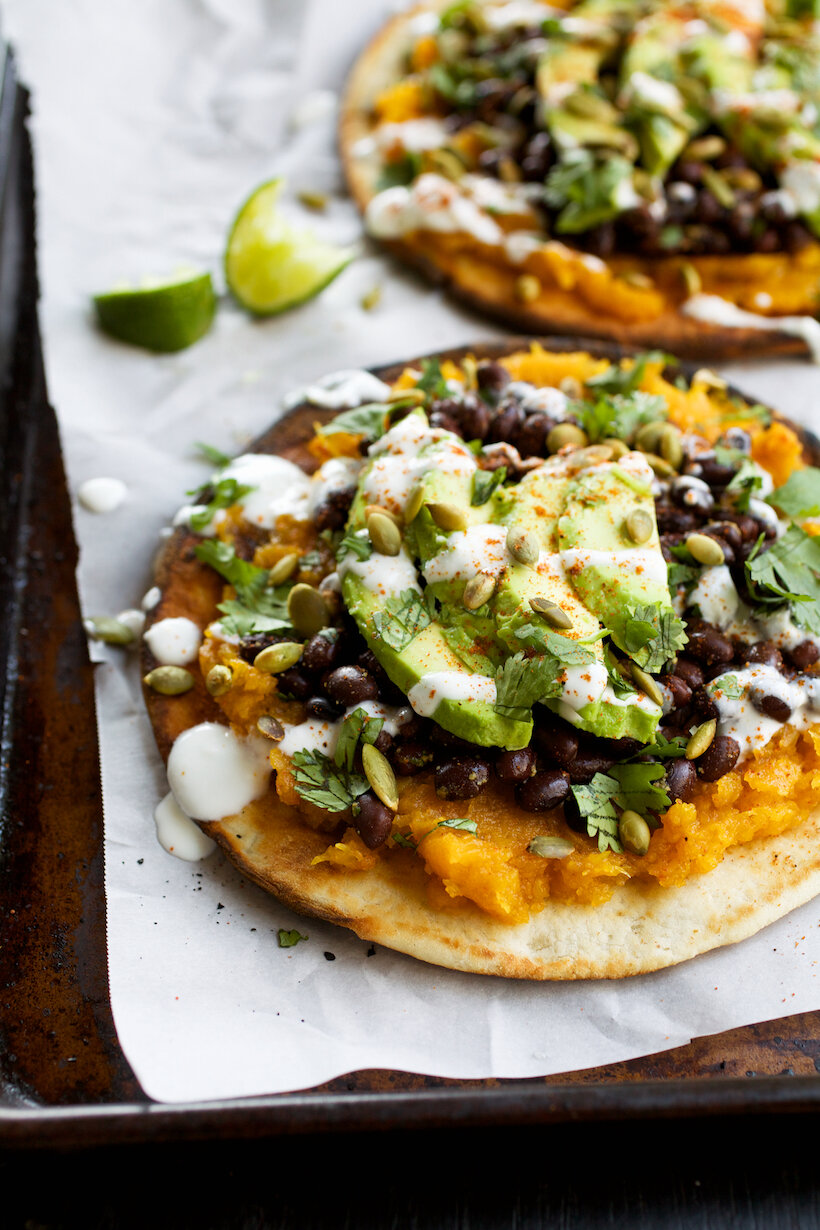 Pita Tostadas with Butternut Squash, Black Beans, &amp; Avocado