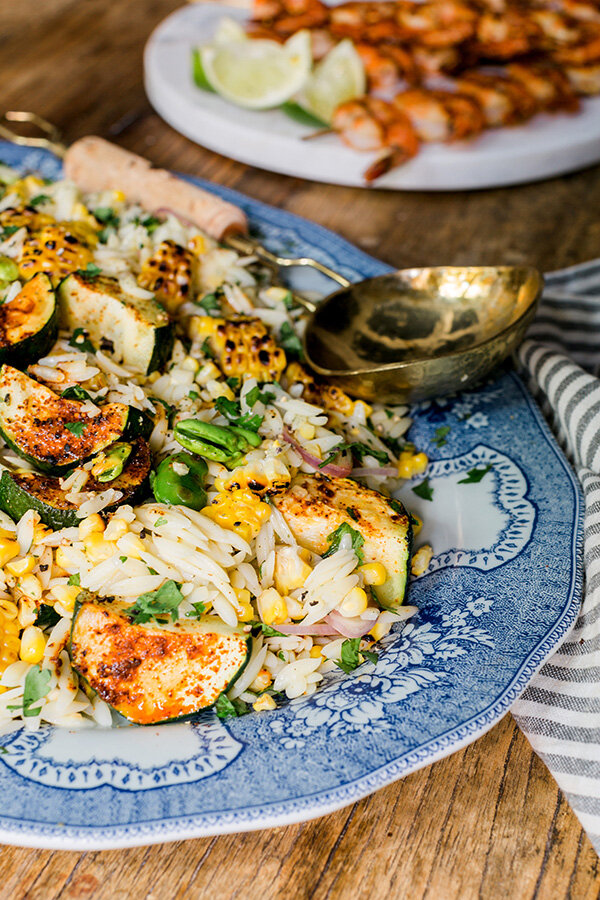 Roasted Zucchini, Corn, Fava Beans and Orzo Salad