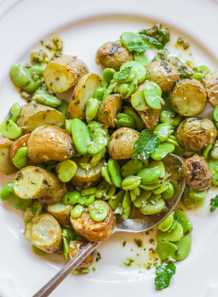 Roasted Fingerling Potatoes with Fava Beans, Mint and Lemon 