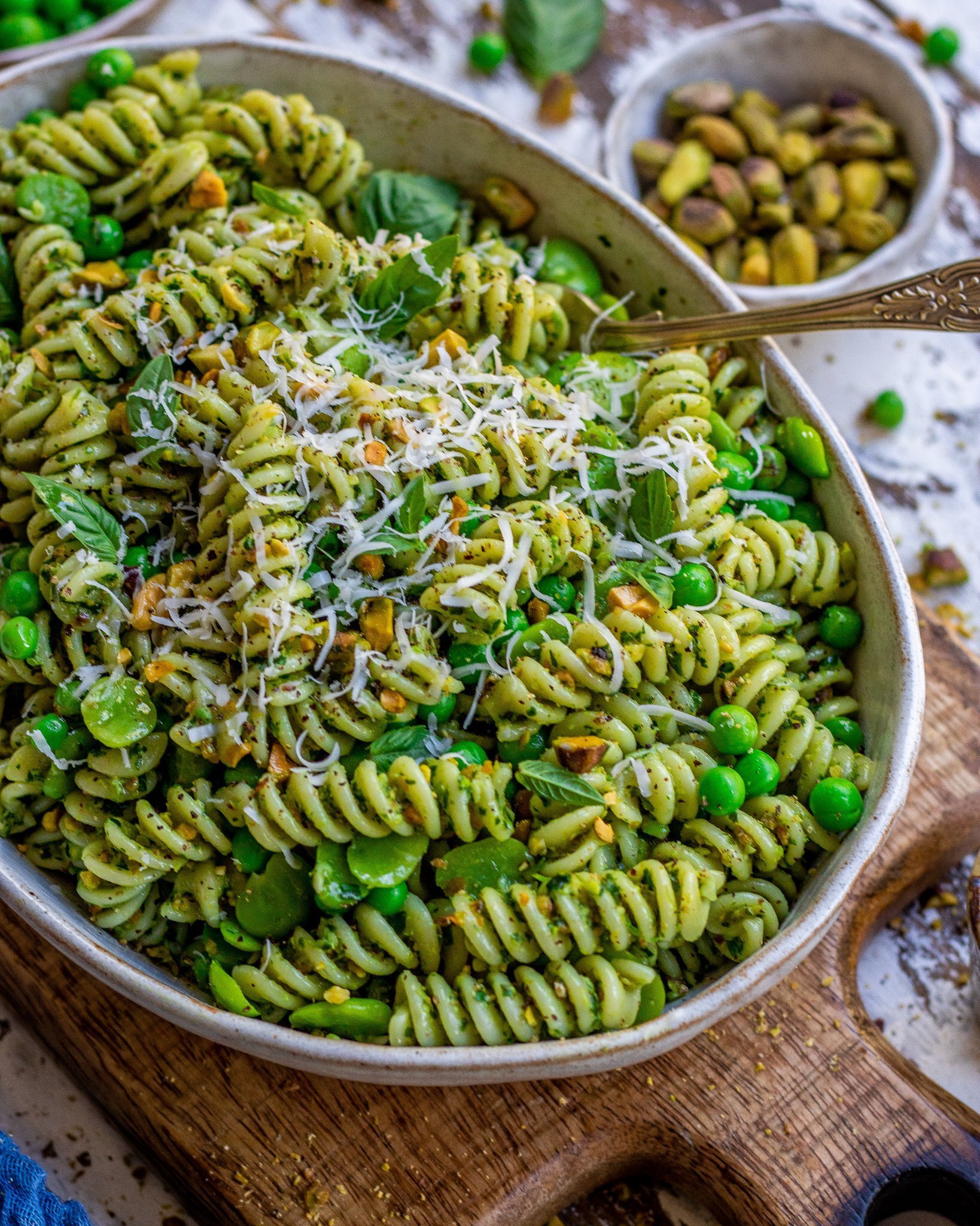 Pea and Broad Bean Pistachio Pesto Pasta