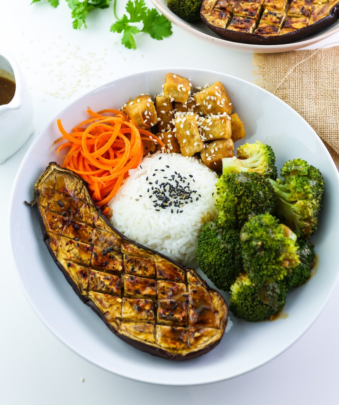 Tofu Aubergine and Broccoli Miso Bowl