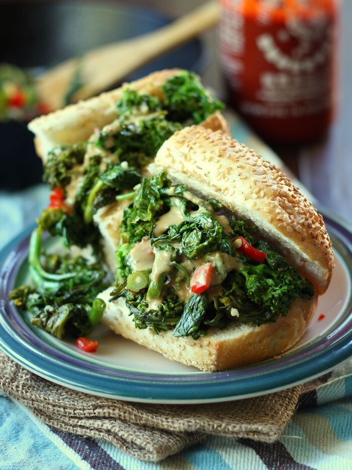 Hot Garlicky Broccoli Rabe Sandwich with Smokey Tahini Cheese sauce