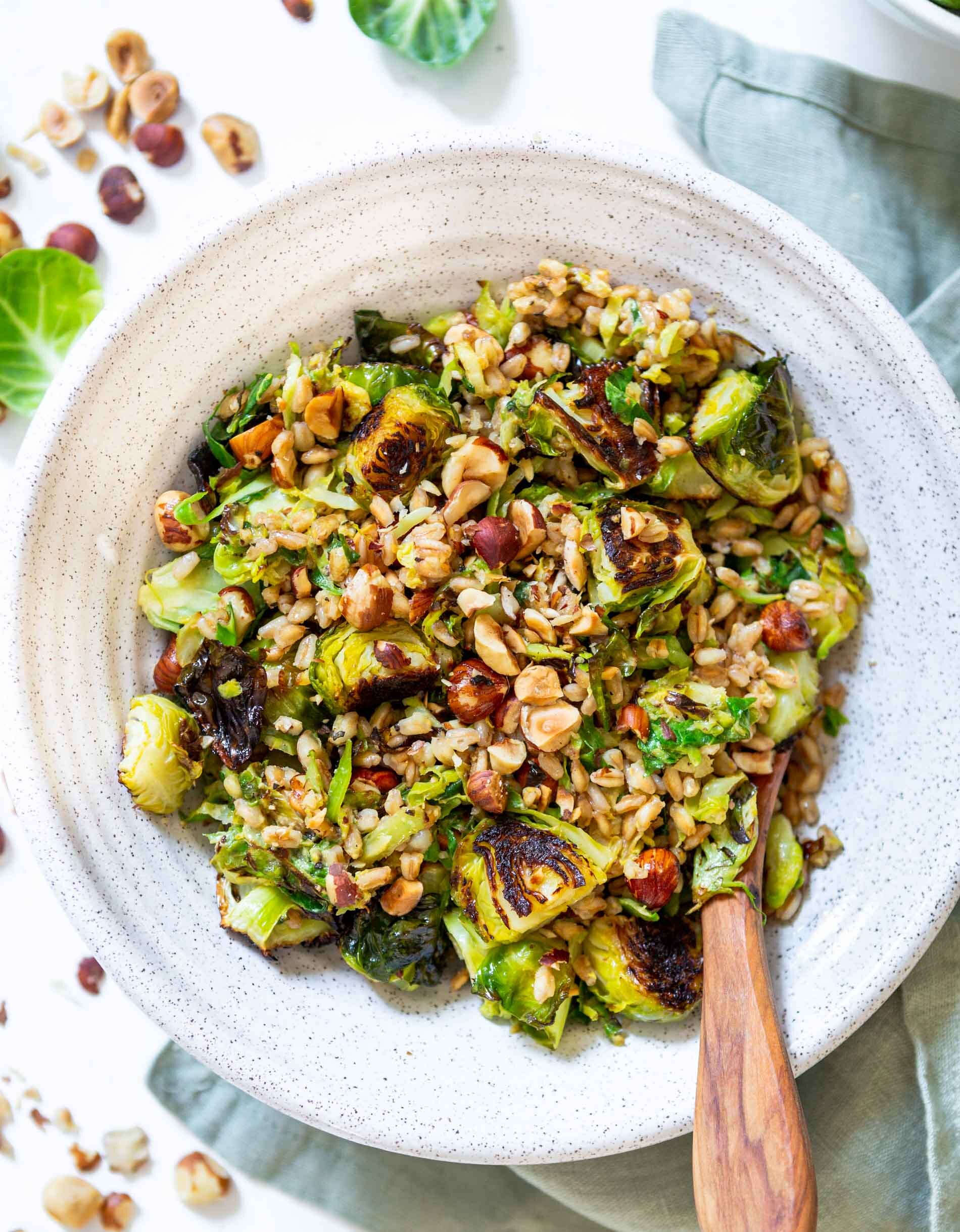 Warm Roasted Brussels Sprouts Salad with Farro