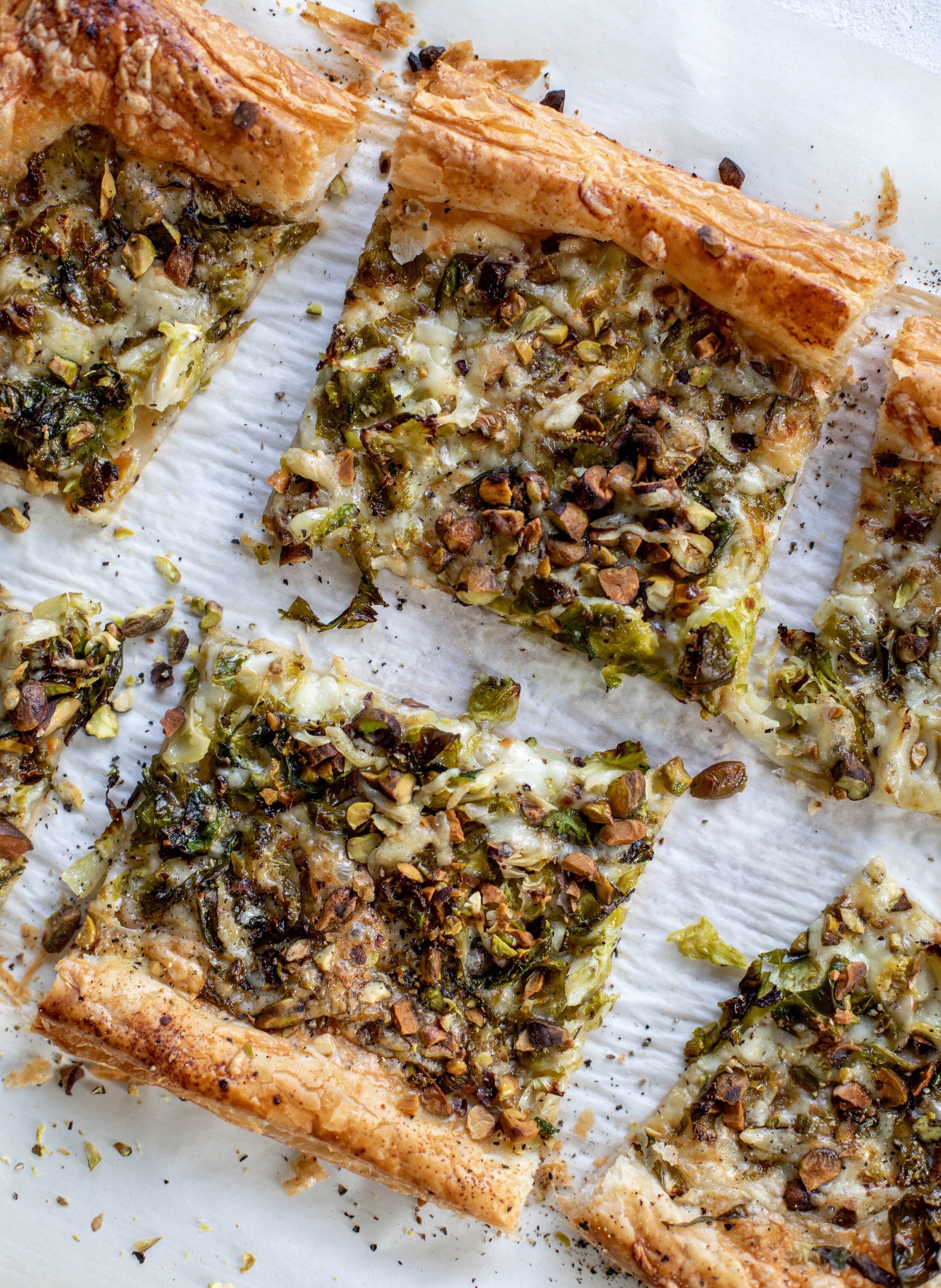 Pistachio Fontina and Brussel Sprout Puff Pastry Tart