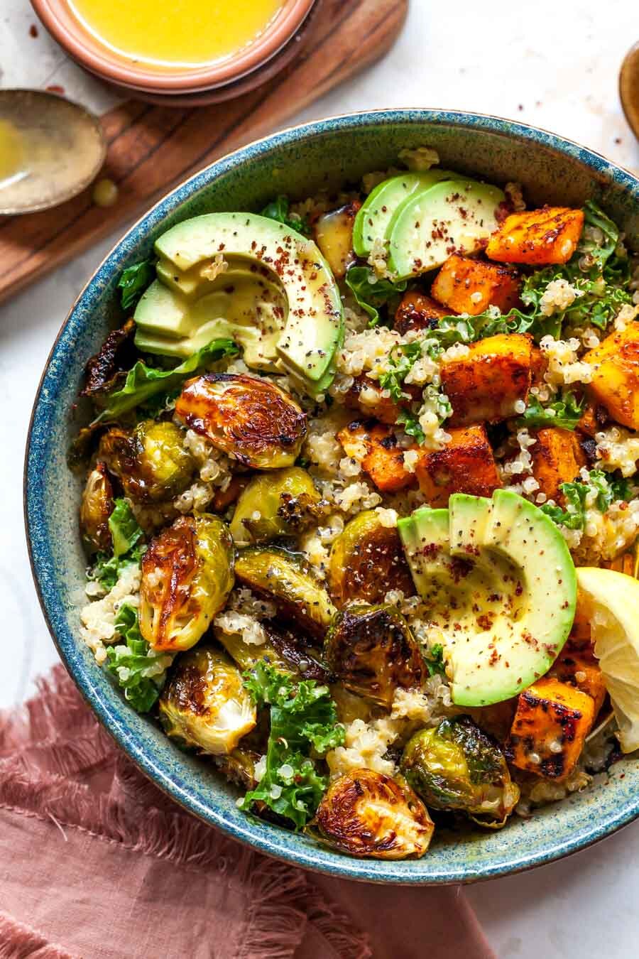 Quinoa Power Bowls With Maple Chipotle Brussels and Smokey Butternut Squash