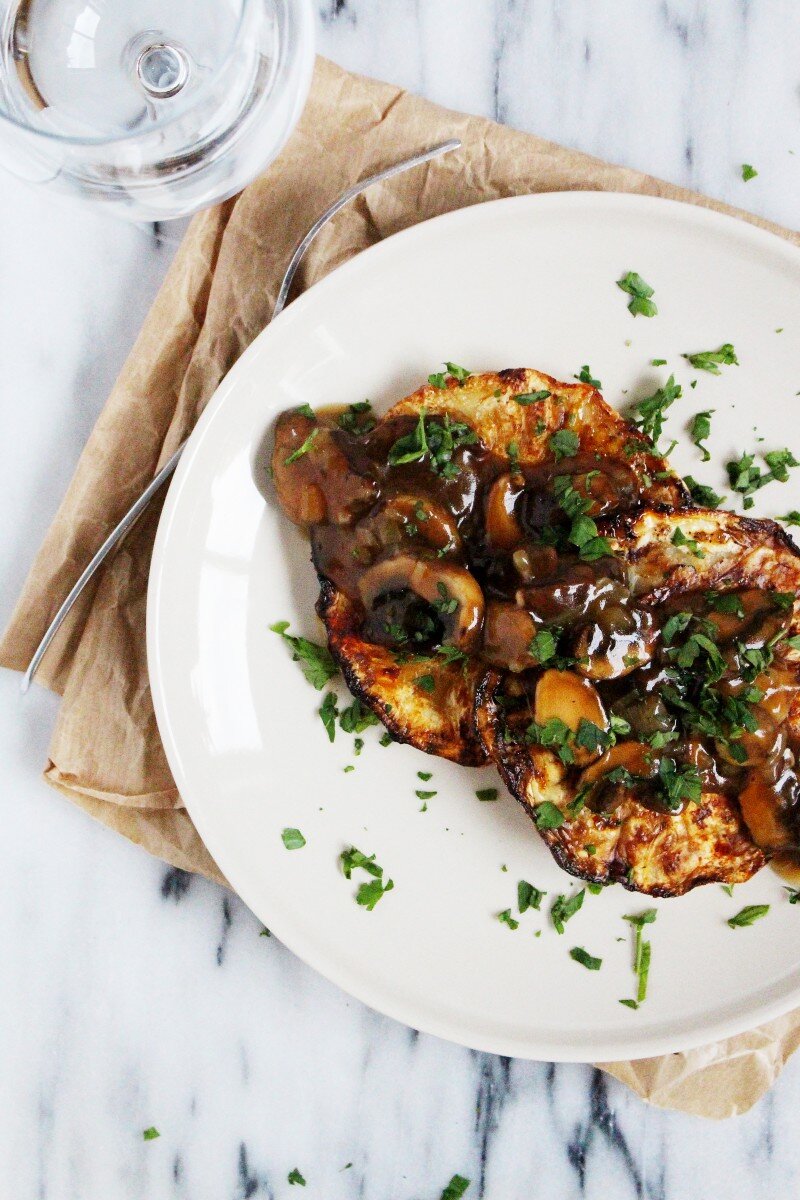 smoky celeriac steaks + mushroom gravy