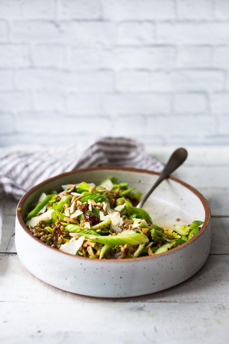 Celery salad with lentils, dates and almonds