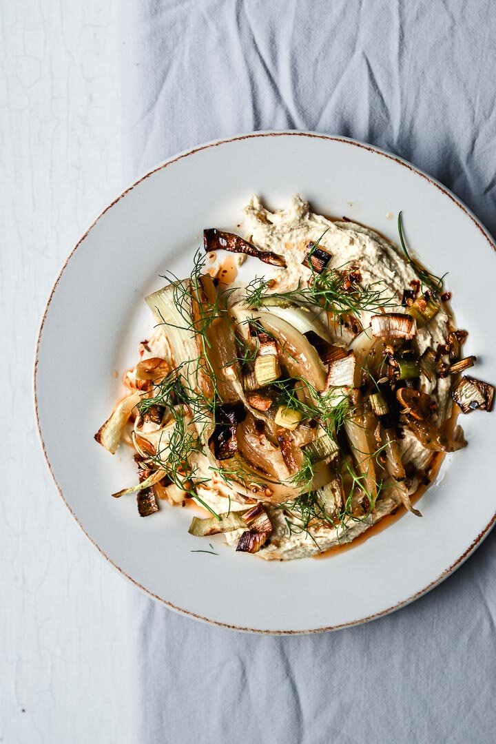 Braised Fennel with Crispy Charred Leeks and Chile-Fennel Oil