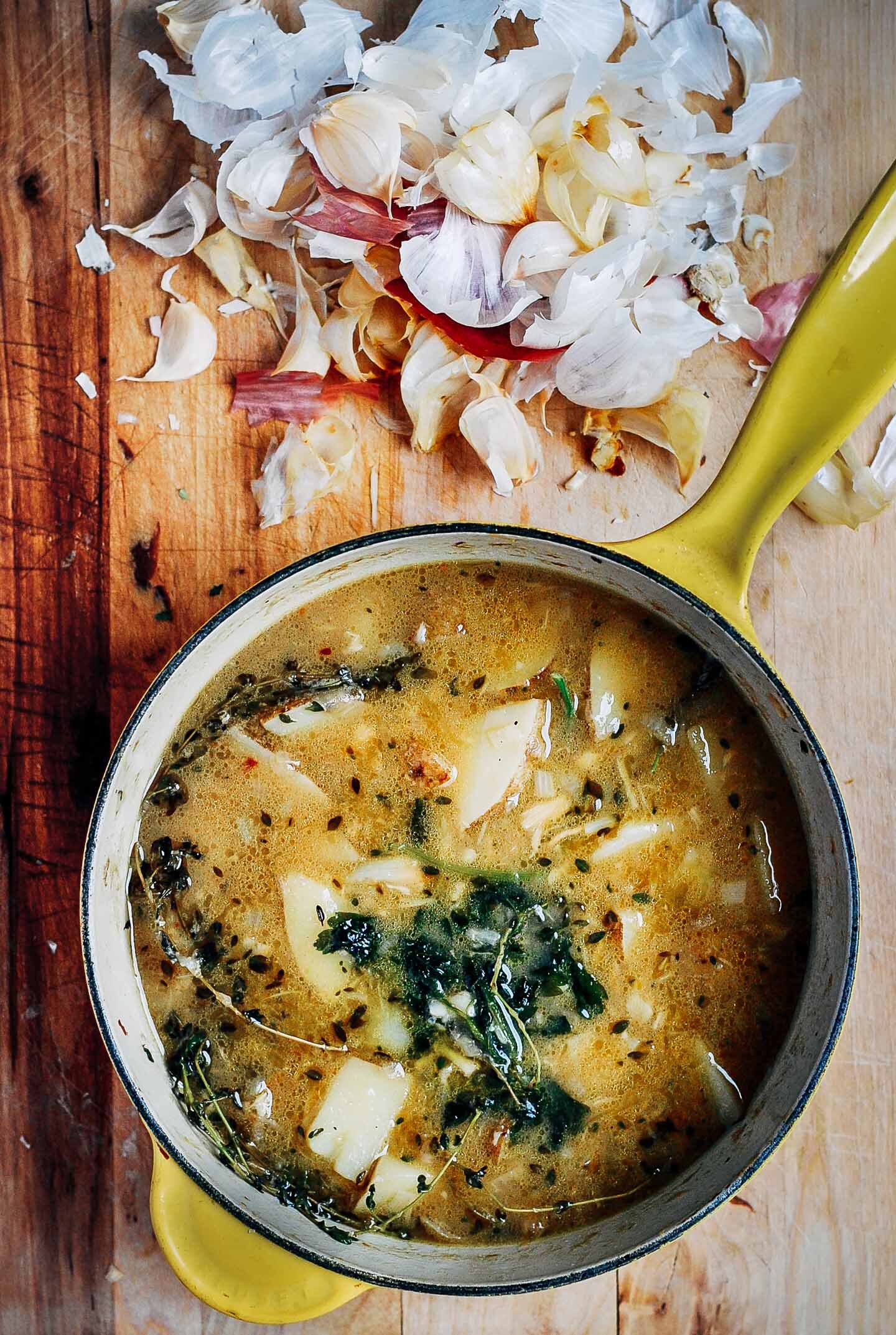 Garlic Soup with Potatoes, Shallots and Fresh Herbs