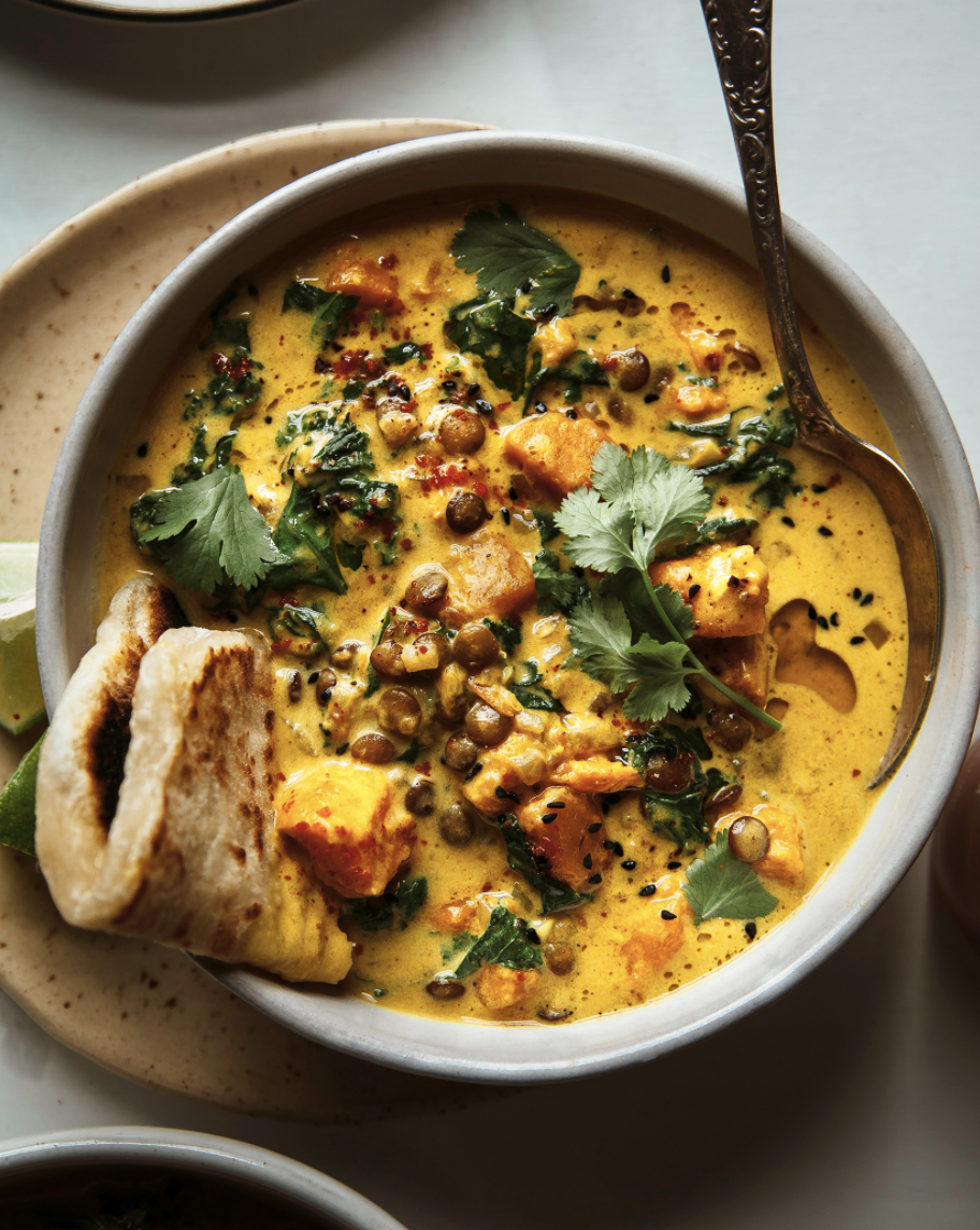 Ginger Sweet Potato Coconut Milk Stew with Lentil and Kale 