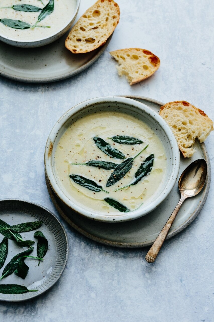 Jerusalem Artichoke Soup with Truffle Oil and Fried Sage Leaves