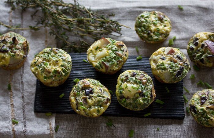 Mini quiches with jerusalem artichokes + chives