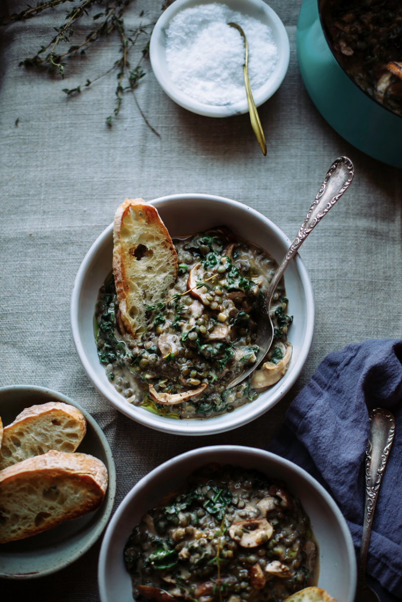 Creamy French Lentils With Mushroom and Kale