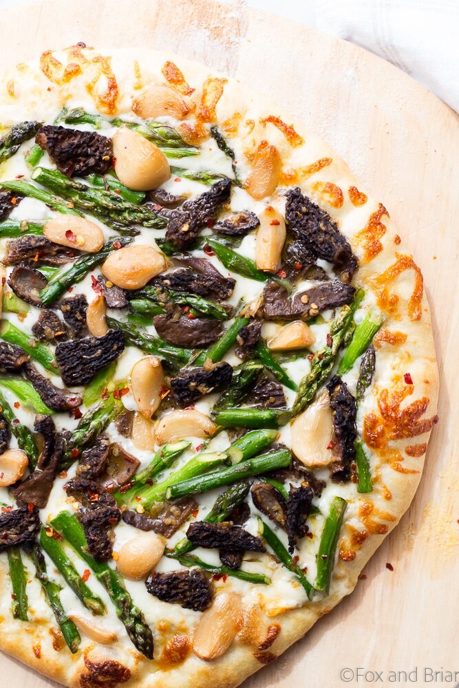 Asparagus and Morel Pizza with Garlic Confit