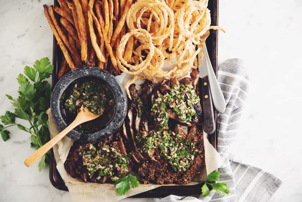 Grilled portobello steaks with chimichurri &amp; onion strings