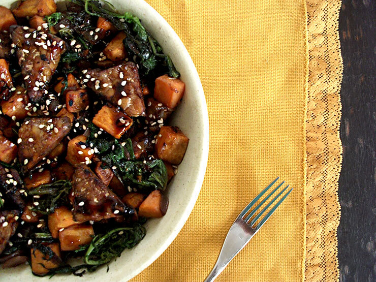 Balsamic Sesame Tempeh and Sweet Potatoes With Mustard Greens