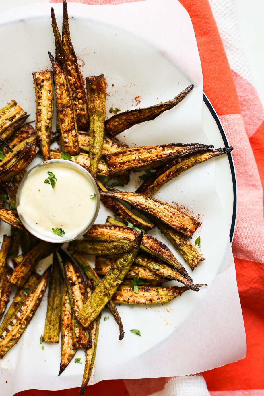 Cajun oven-roasted okra fries with lemon-garlic aioli