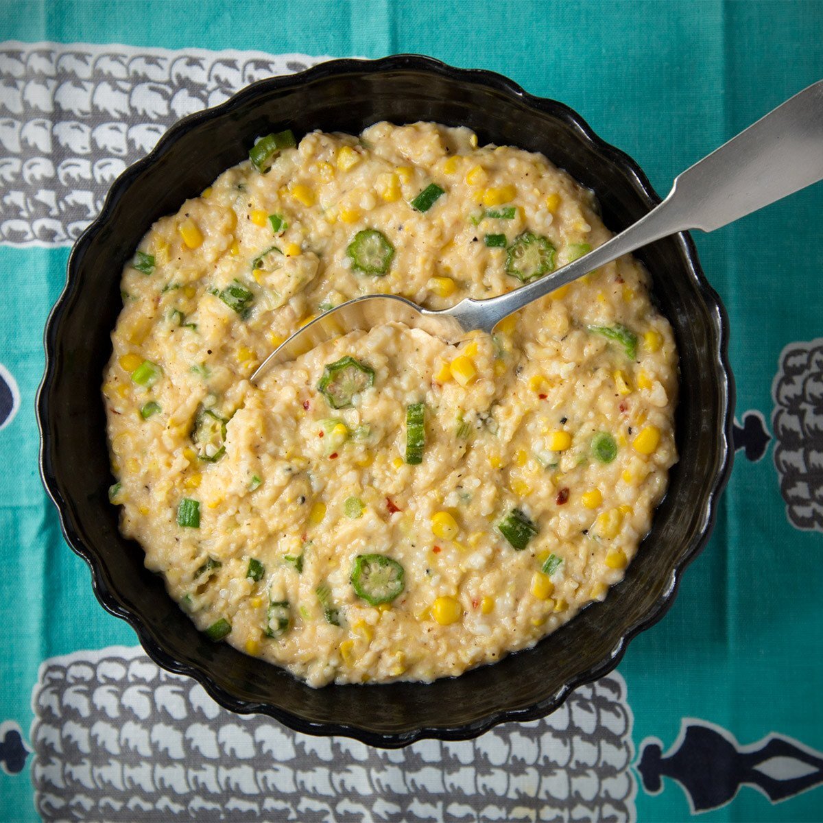 Smoked Cheddar Cheese Grits with Corn and Okra