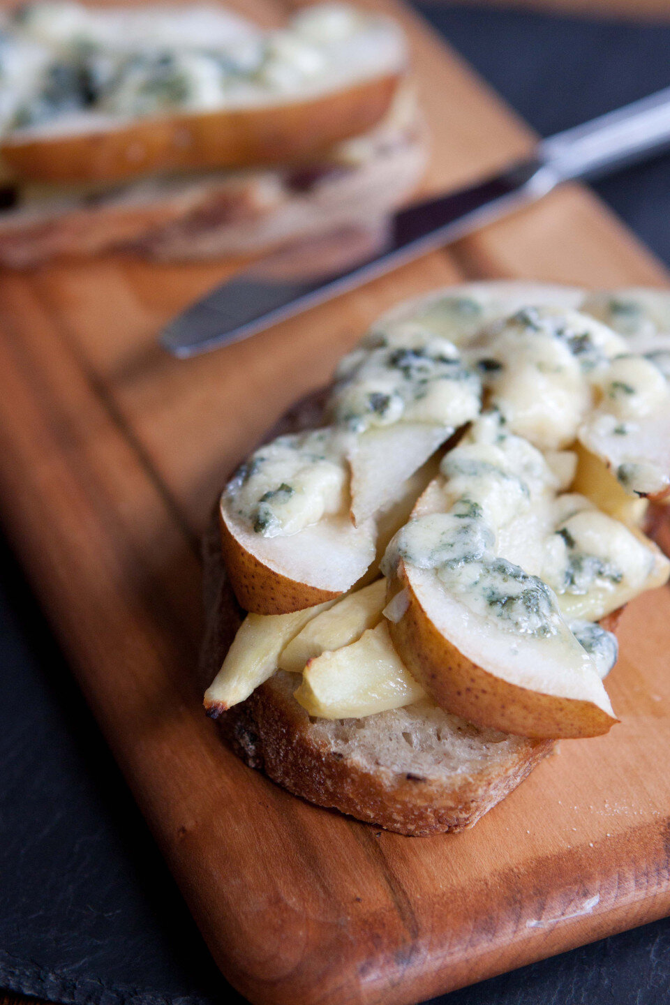 Tartines of pear, parsnip, and blue cheese