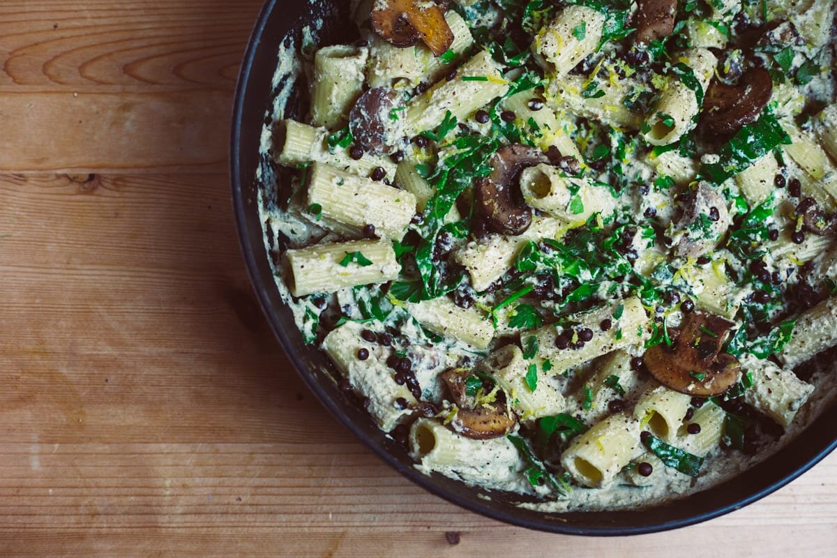 White Wine and Mushroom Cashew Rigatoni with Steamed Spring Greens