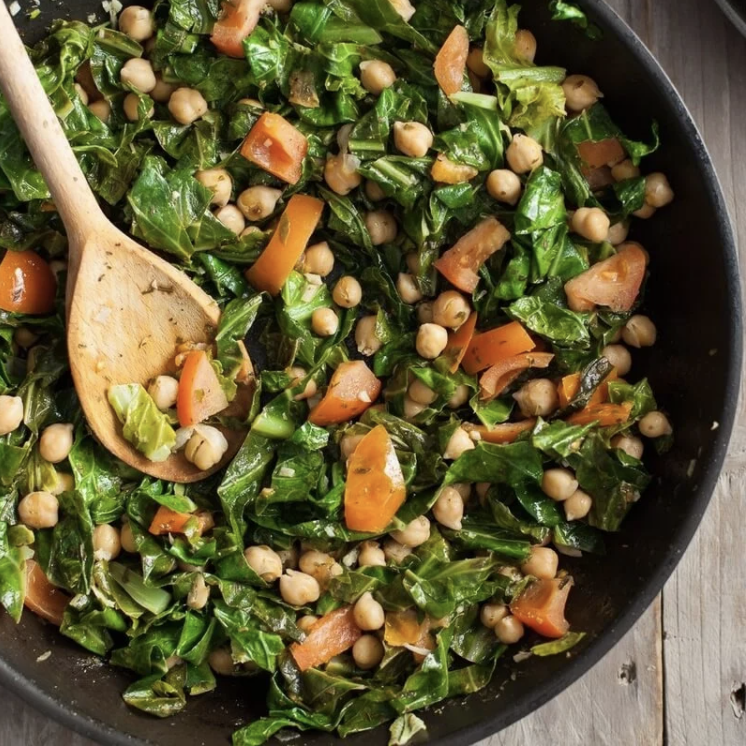 Spring Greens with chickpeas, garlic and mint