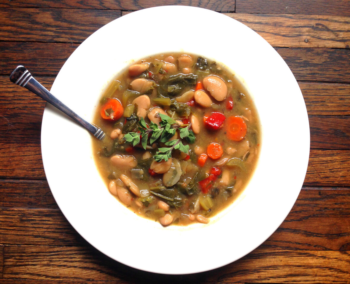 Vegan Tuscan Two White Bean Soup with Turnip Greens for the Slow Cooker