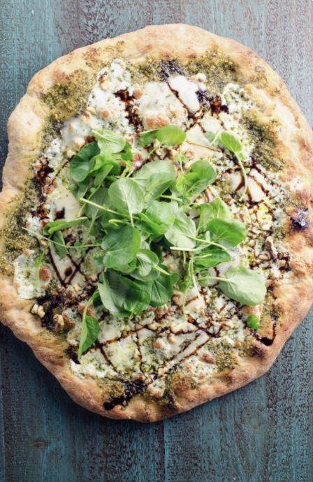Watercress Pesto Pizza with Blue Cheese and Balsamic Glaze