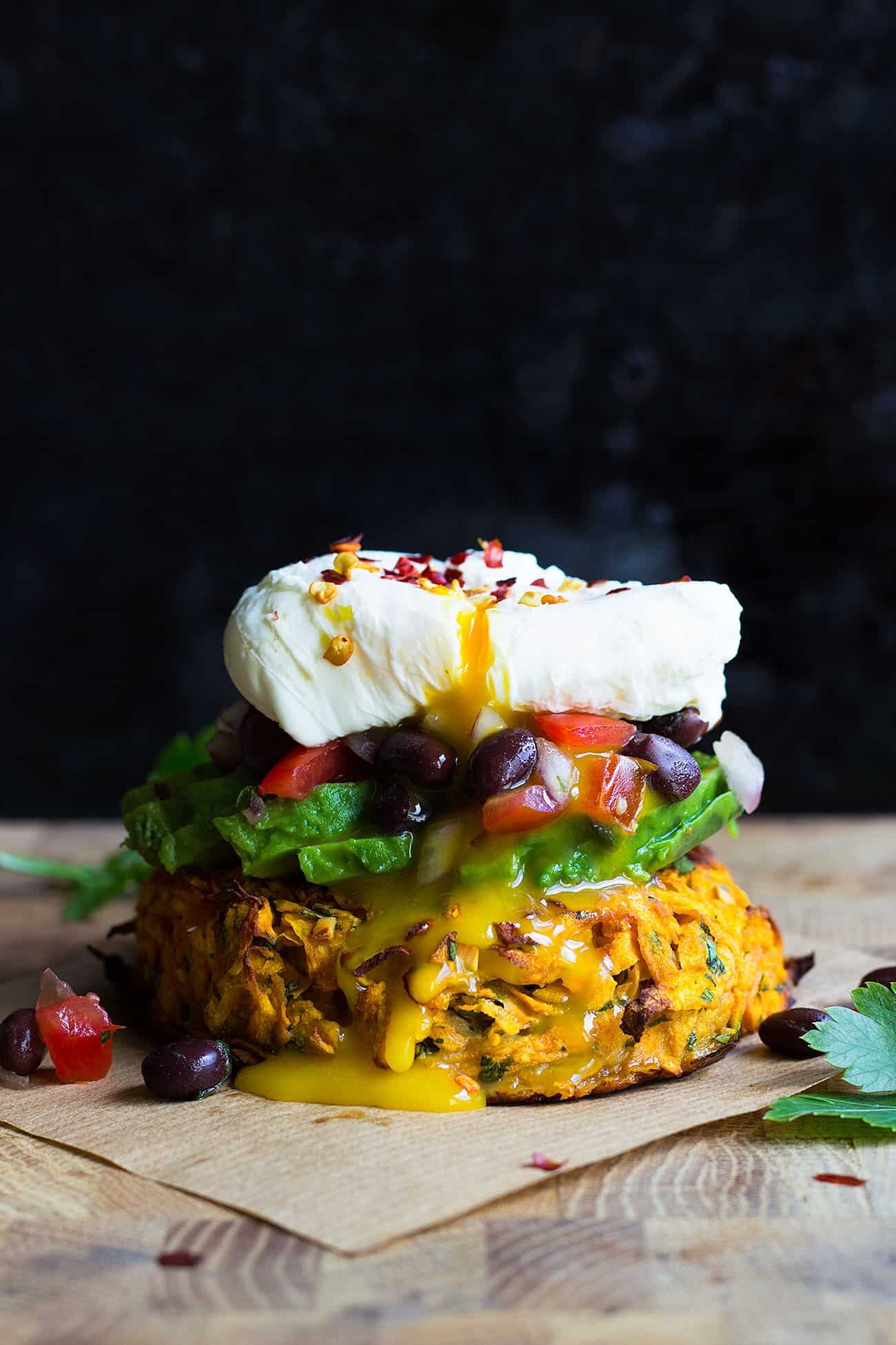 Oven Baked Sweet Potato Rosti with Black Bean Salsa and Poached Egg
