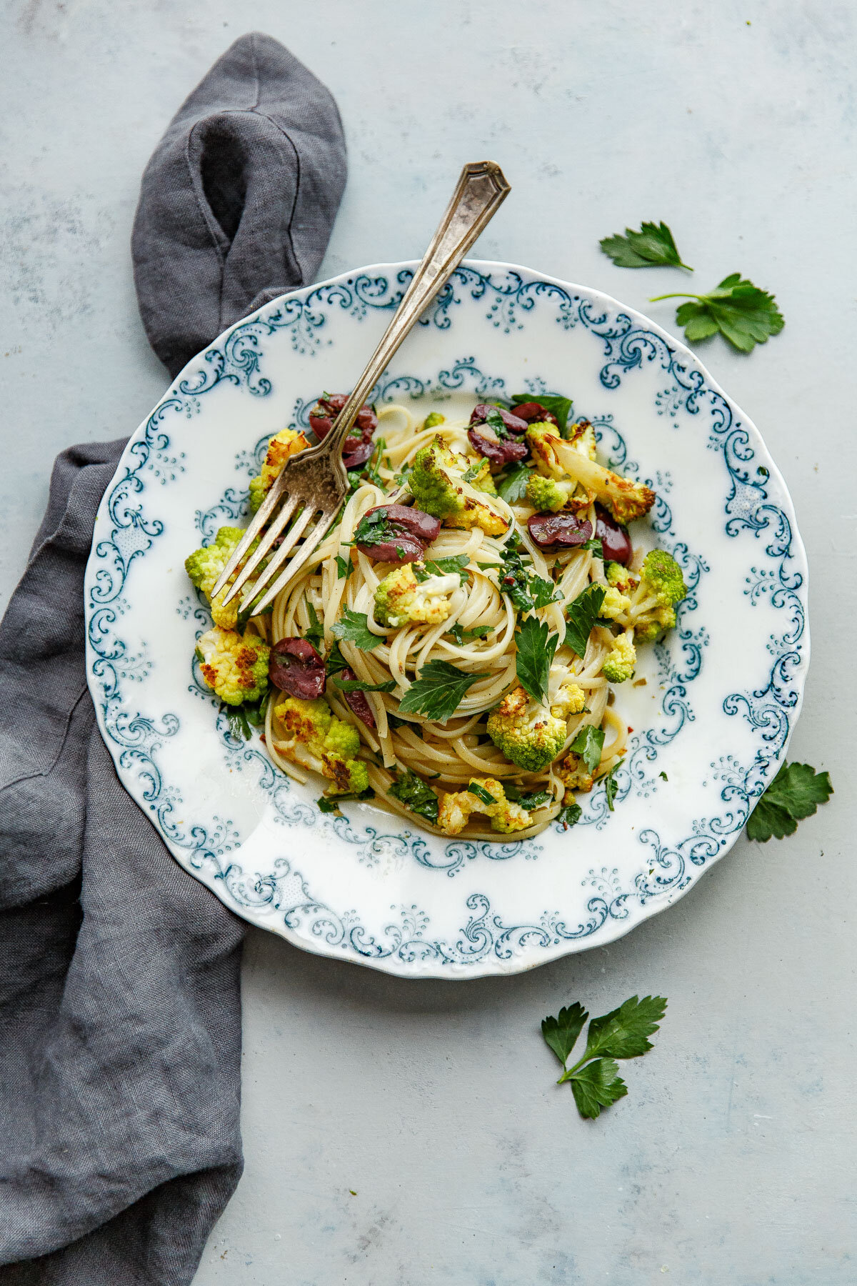 Romanesco Pasta with Olives, Capers and Parsley 