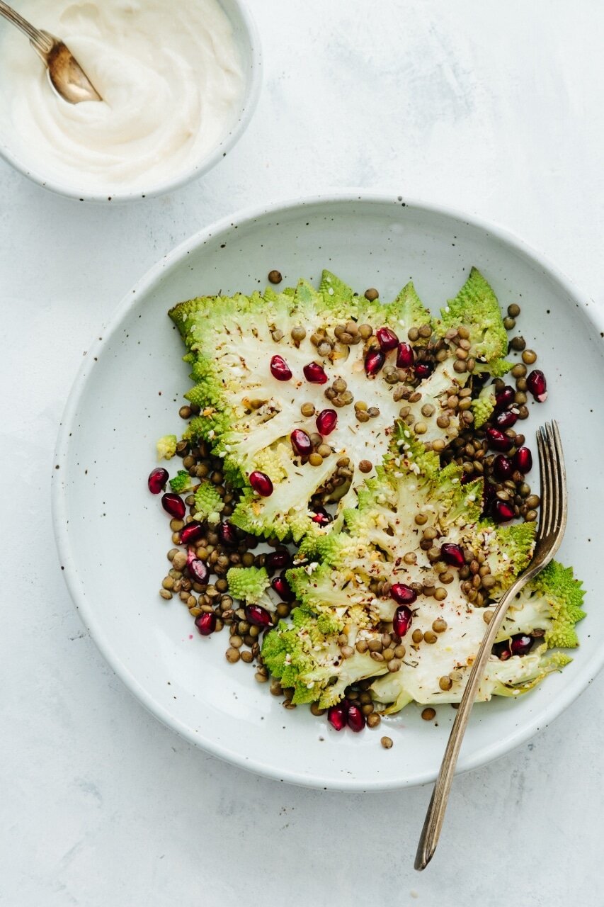 Zaatar Roasted Romanesco Steaks with Lentils and Tahini Dressing