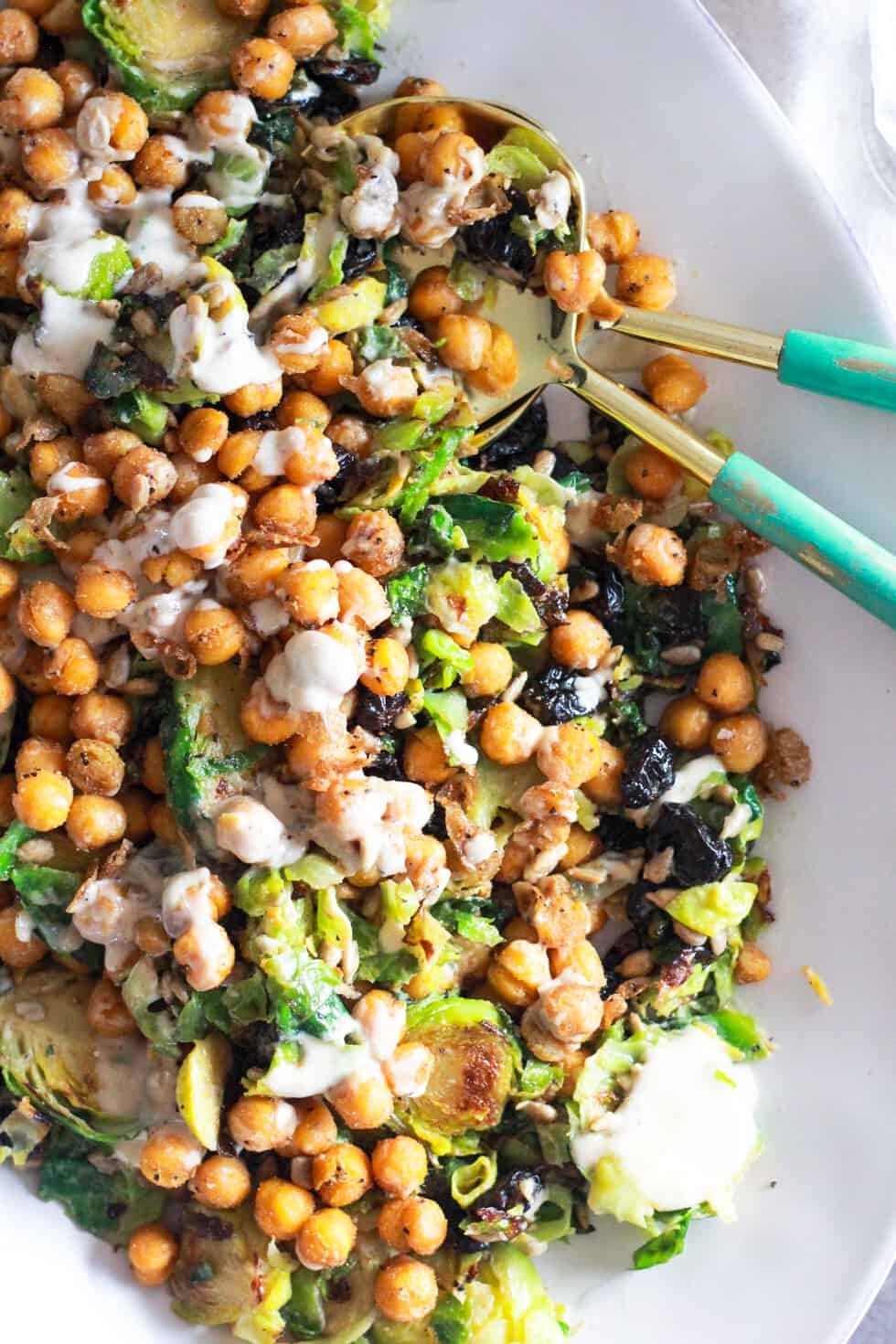 Shaved Brussels Sprouts Salad with Chickpeas and Lemon Tahini