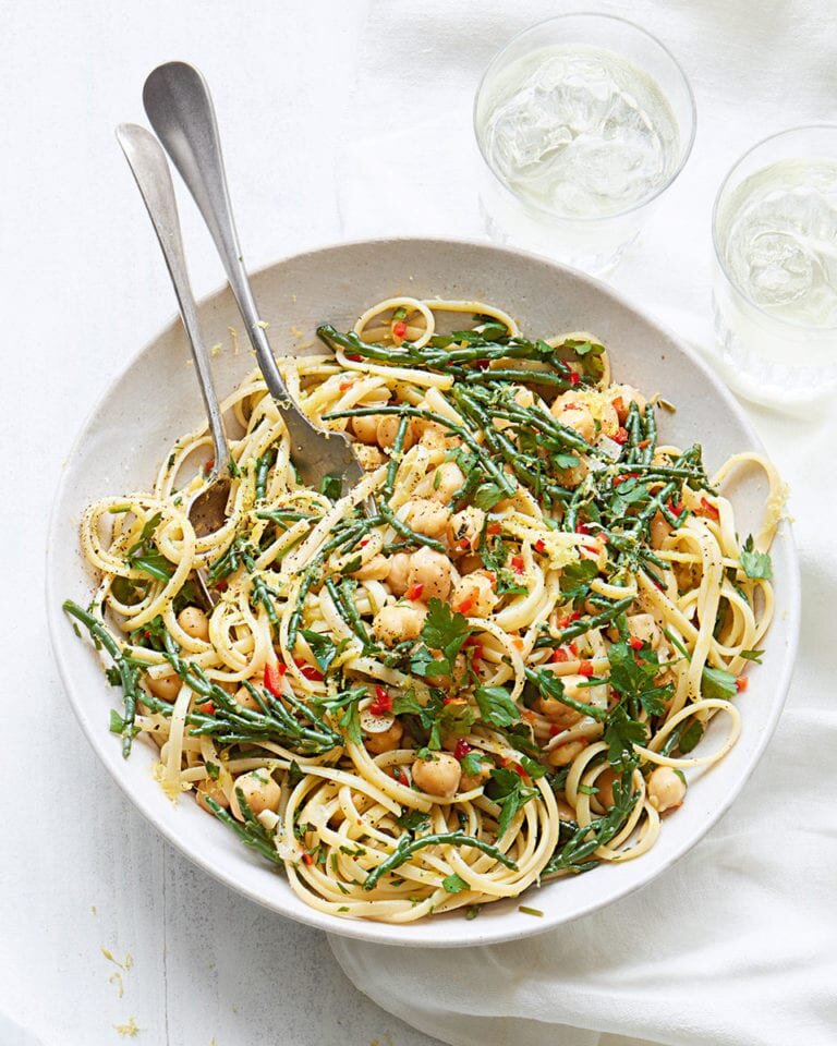 Chickpea linguine with samphire and lemon