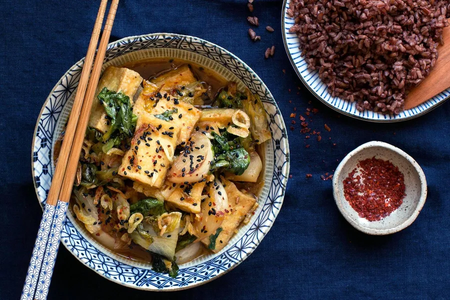 Braised tofu &amp; escarole stir-fry with Bhutan rice