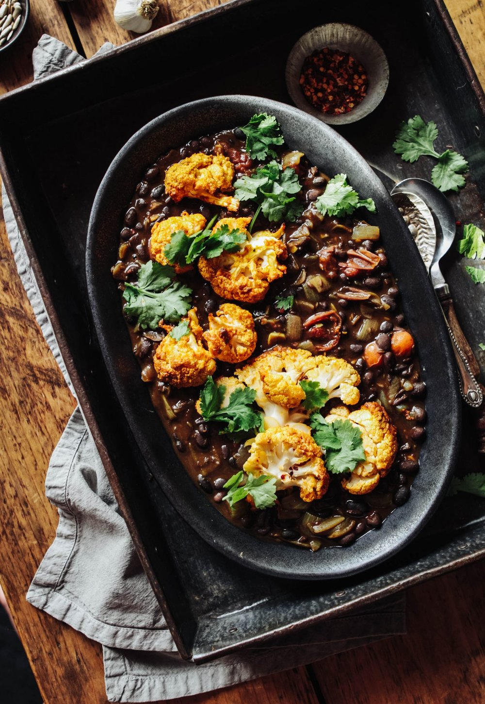 Spiced Black Beans with Turmeric Roast Cauliflower