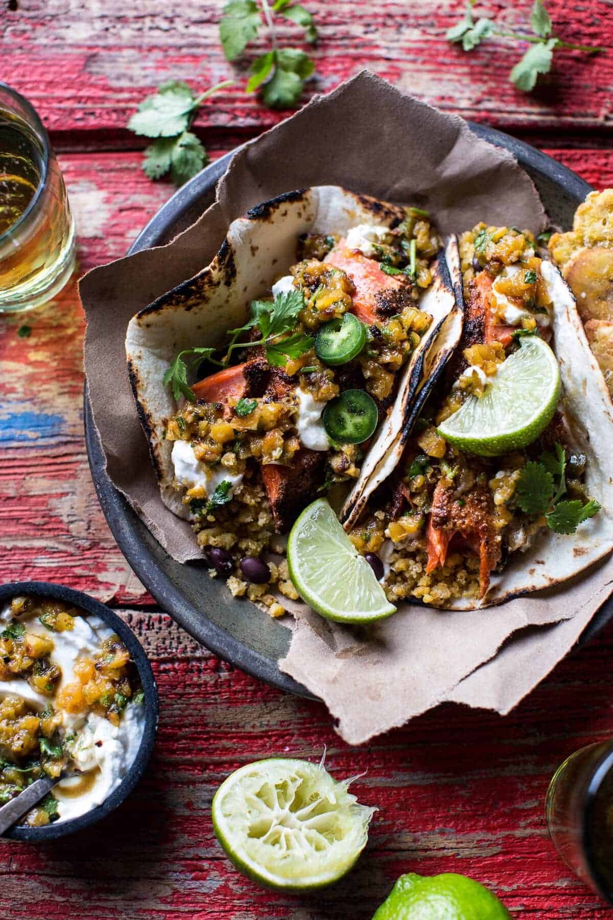 Jamaican Jerk Fish Tacos with Plantain Fried Rice
